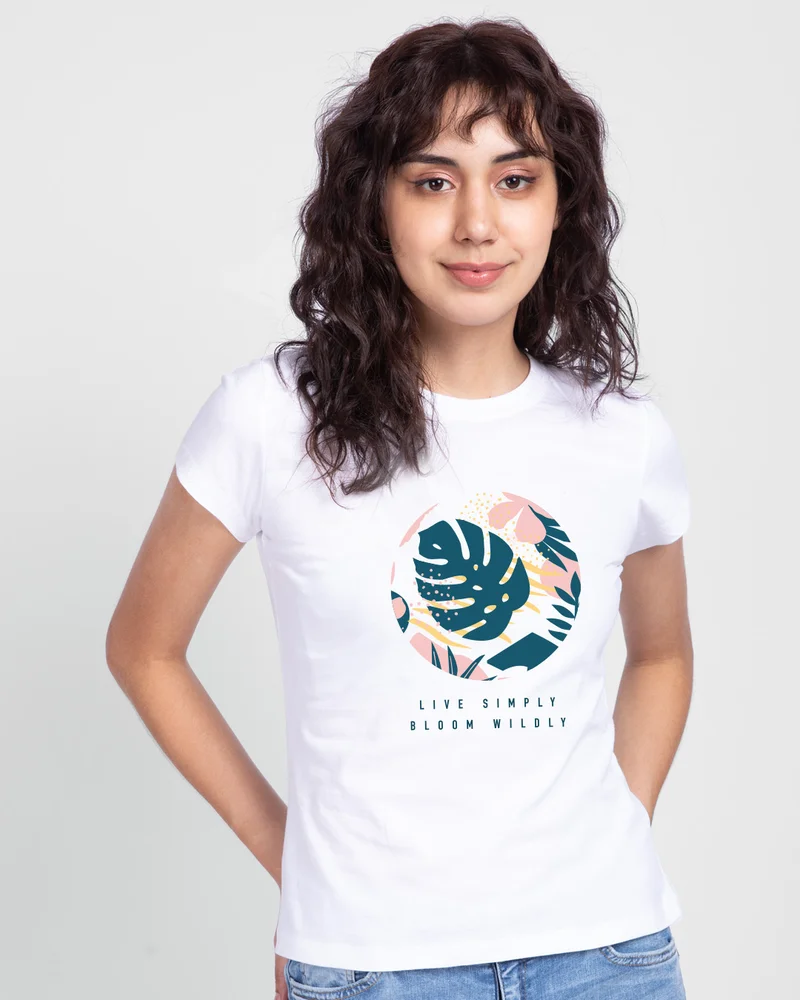 بيواكوف Women's White Bloom Wildly Graphic Printed Slim Fit T-shirt